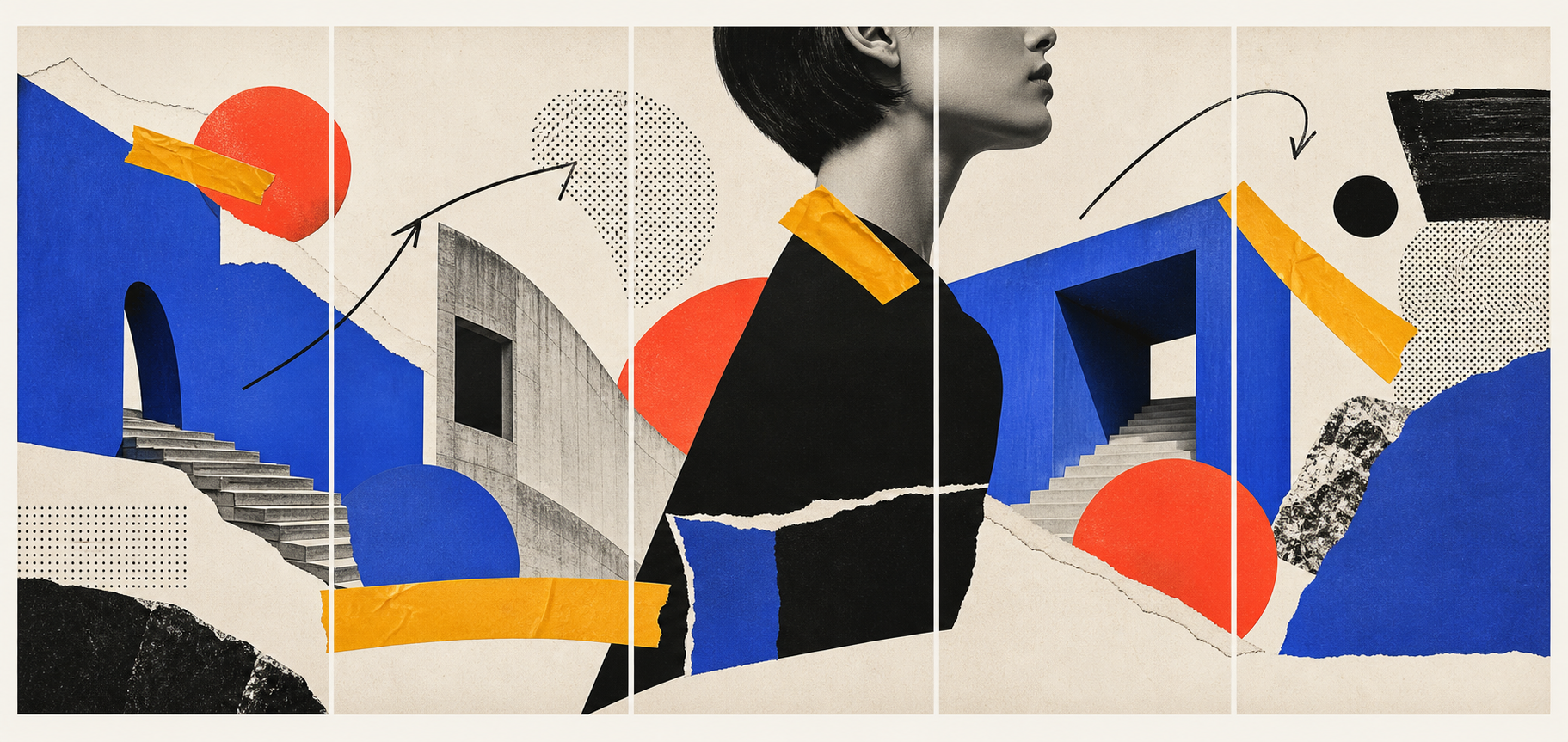 Editorial collage flowing continuously across five carousel panels